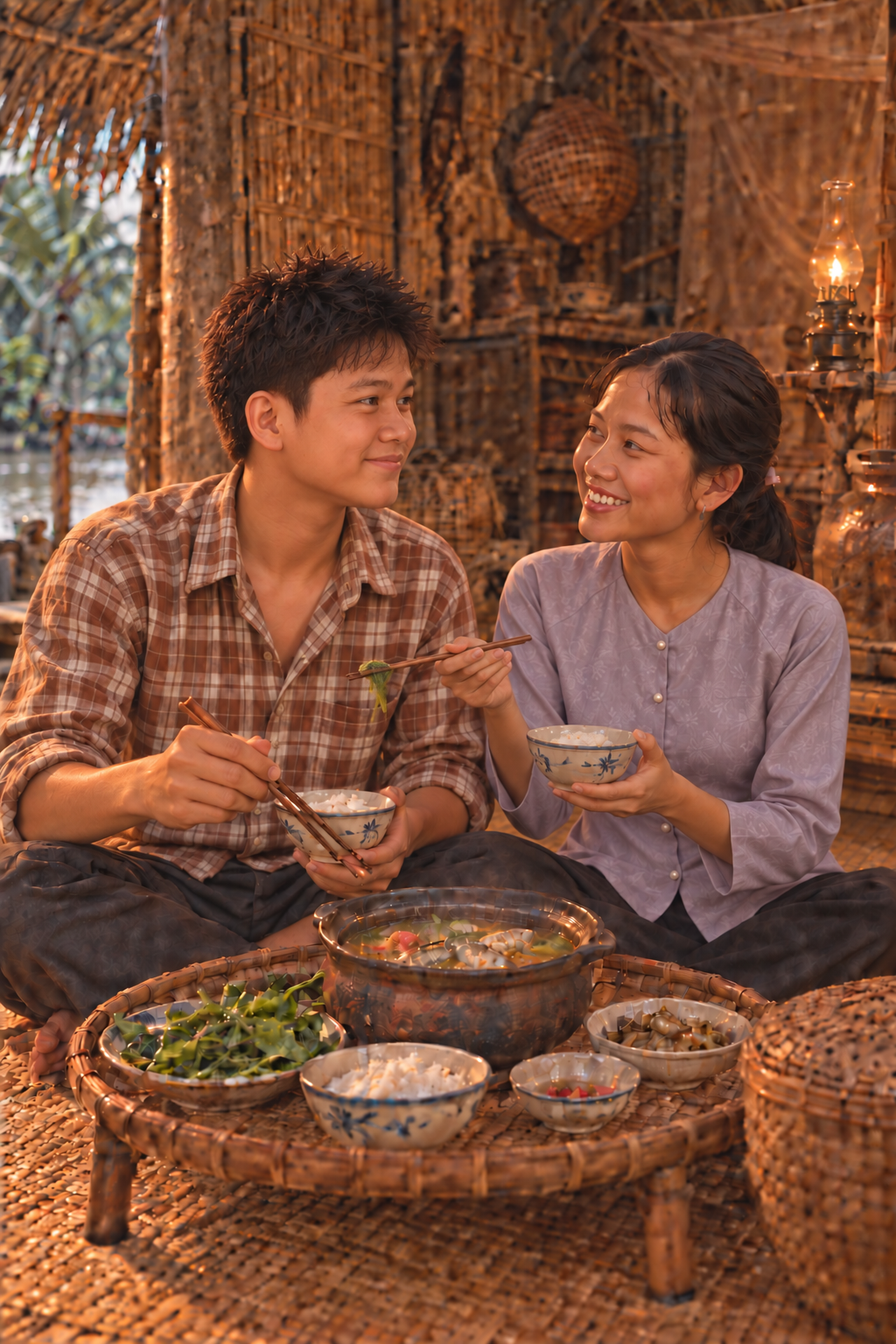 Lập và Ngân ăn cơm mâm đất