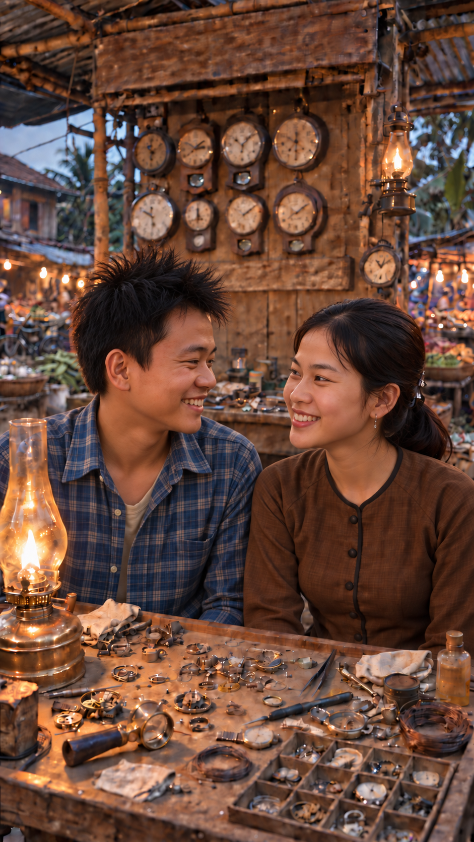 Lập và Ngân tại tiệm đồng hồ
